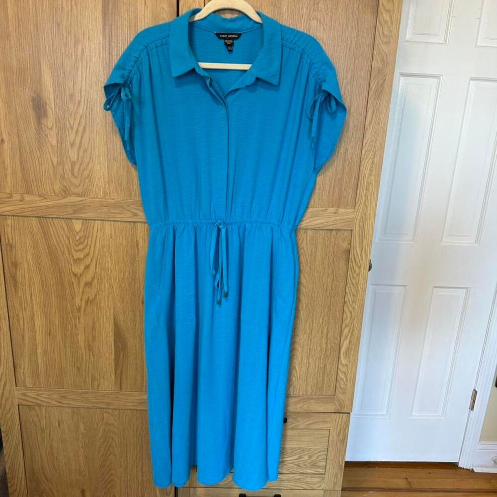 Maggy London Women’s Dress Size 12 Turquoise Blue Midi Drawstring Waist pockets